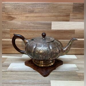 Antique Victorian EPBM Silver Plate Teapot | Etched Scrollwork Bird Spout